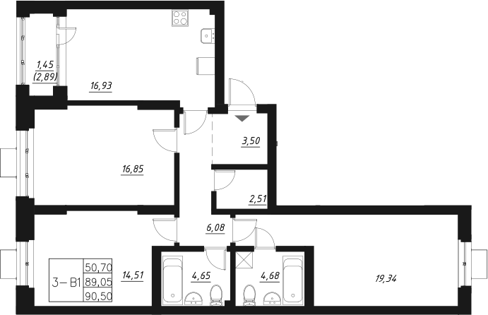Планировка — Q на Кулагина, 4-комн., 89 м²