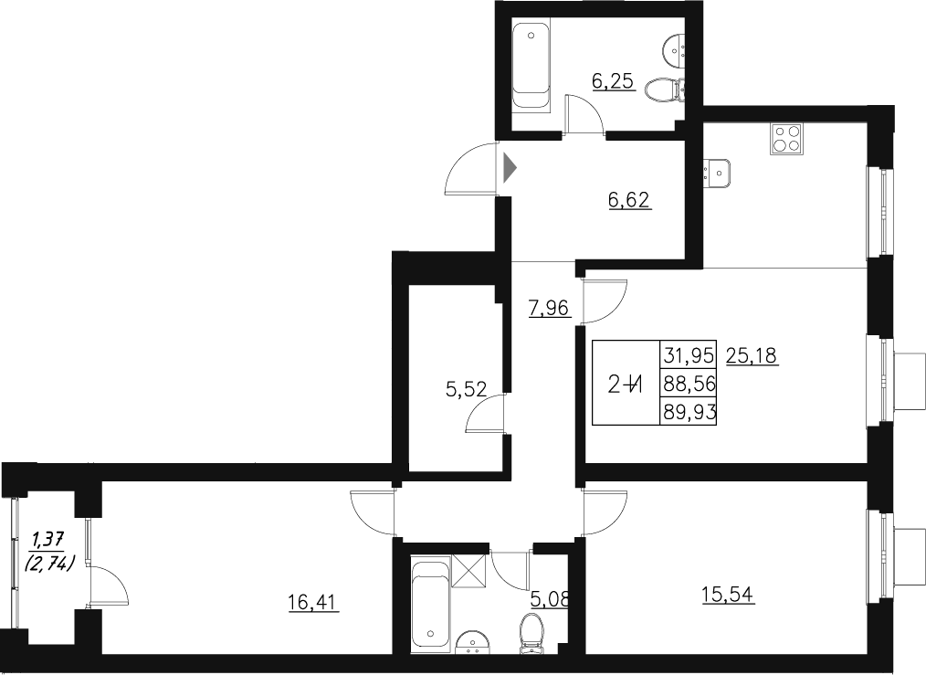 Планировка — Q на Кулагина, 3-комн., 90 м²