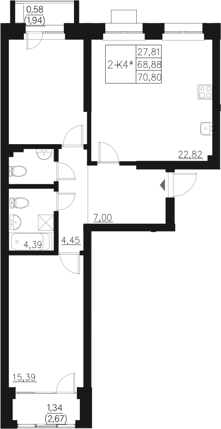 Планировка — Q на Кулагина, 3-комн., 69 м²
