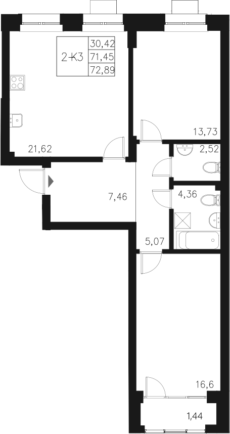 Планировка — Q на Кулагина, 3-комн., 71 м²