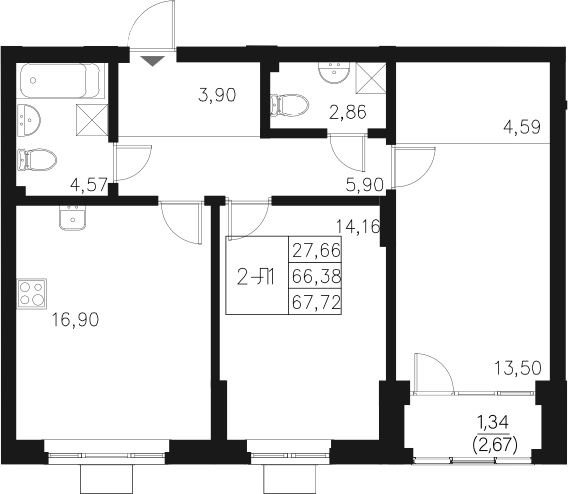 Планировка — Q на Кулагина, 3-комн., 66 м²