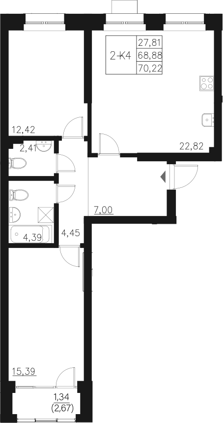 Планировка — Q на Кулагина, 3-комн., 69 м²
