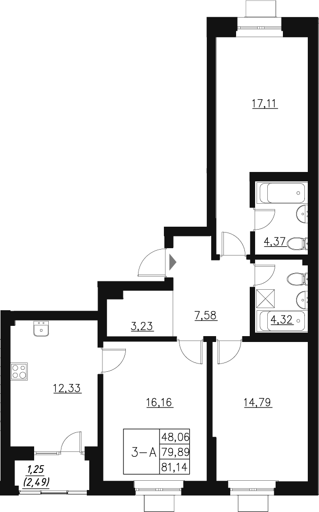 Планировка — Q на Кулагина, 3-комн., 81 м²