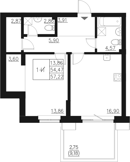 Планировка — Q на Кулагина, 2-комн., 54 м²