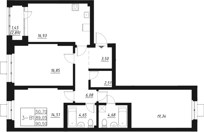 Планировка — Q на Кулагина, 4-комн., 91 м²