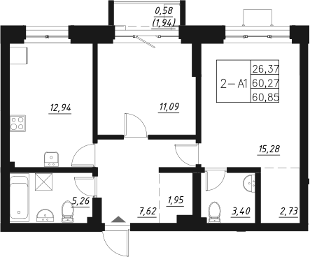 Планировка — Q на Кулагина, 2-комн., 60 м²