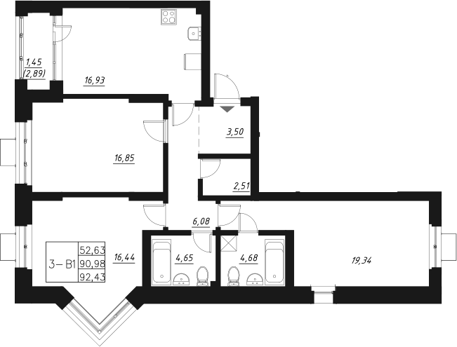 Планировка — Q на Кулагина, 4-комн., 93 м²