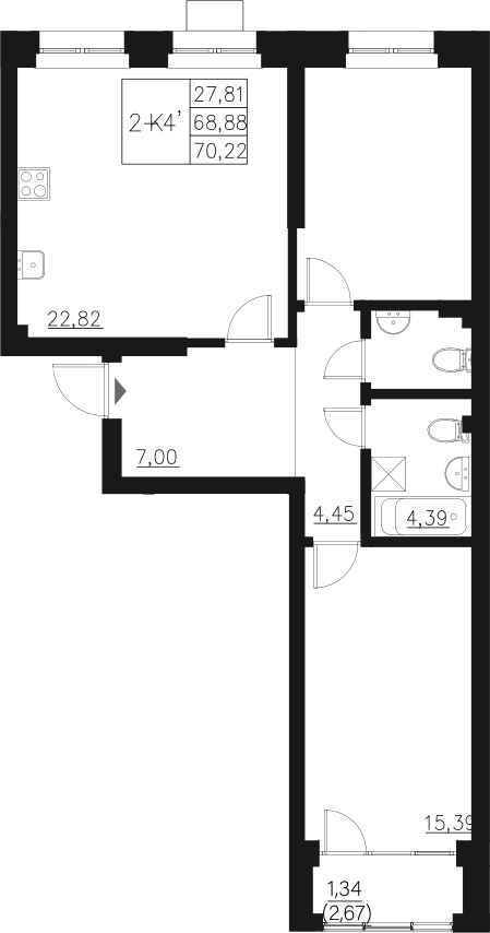 Планировка — Q на Кулагина, 3-комн., 69 м²
