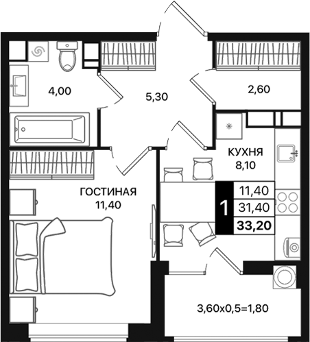 Планировка — Движение 61, 1-комн., 31 м²