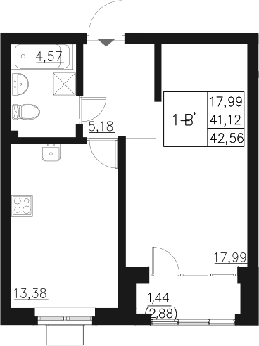 Планировка — Q на Кулагина, 1-комн., 41 м²