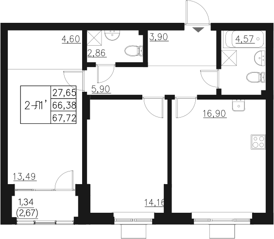 Планировка — Q на Кулагина, 3-комн., 66 м²