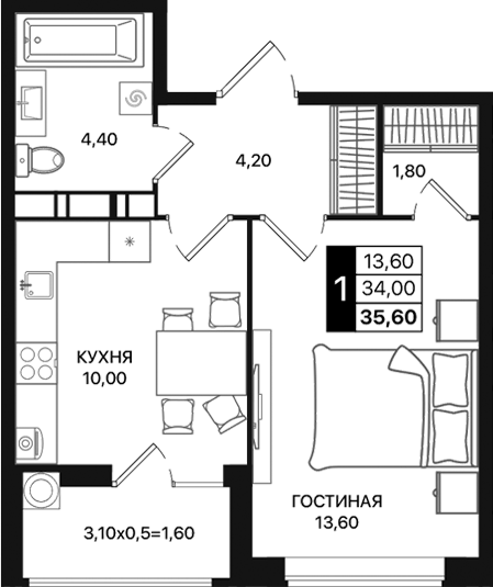 Планировка — Движение 61, 1-комн., 34 м²