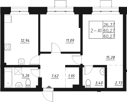Планировка — Q на Кулагина, 2-комн., 60 м²