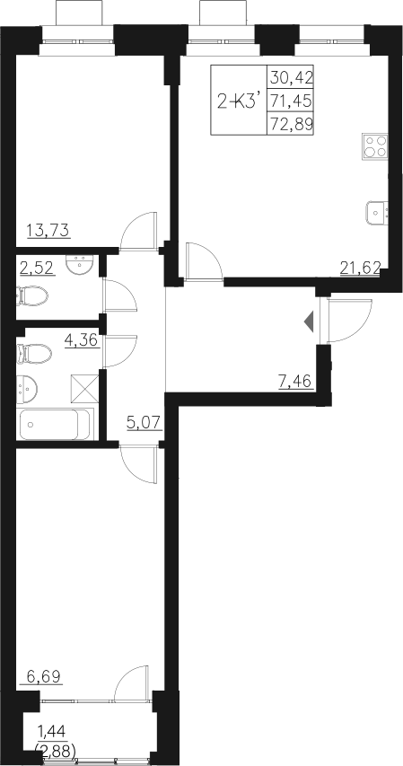 Планировка — Q на Кулагина, 3-комн., 71 м²