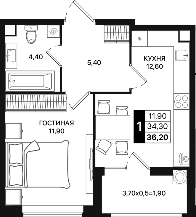 Планировка — Движение 61, 1-комн., 34 м²
