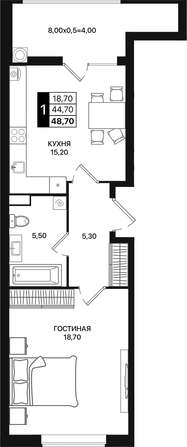 Планировка — Движение 61, 1-комн., 45 м²