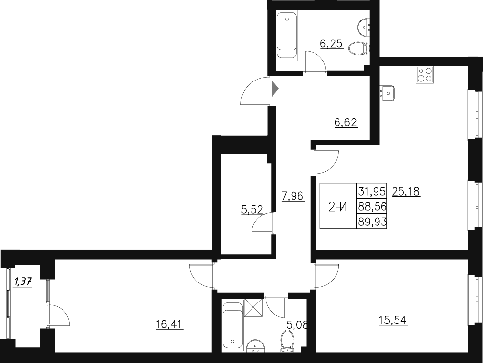Планировка — Q на Кулагина, 3-комн., 90 м²