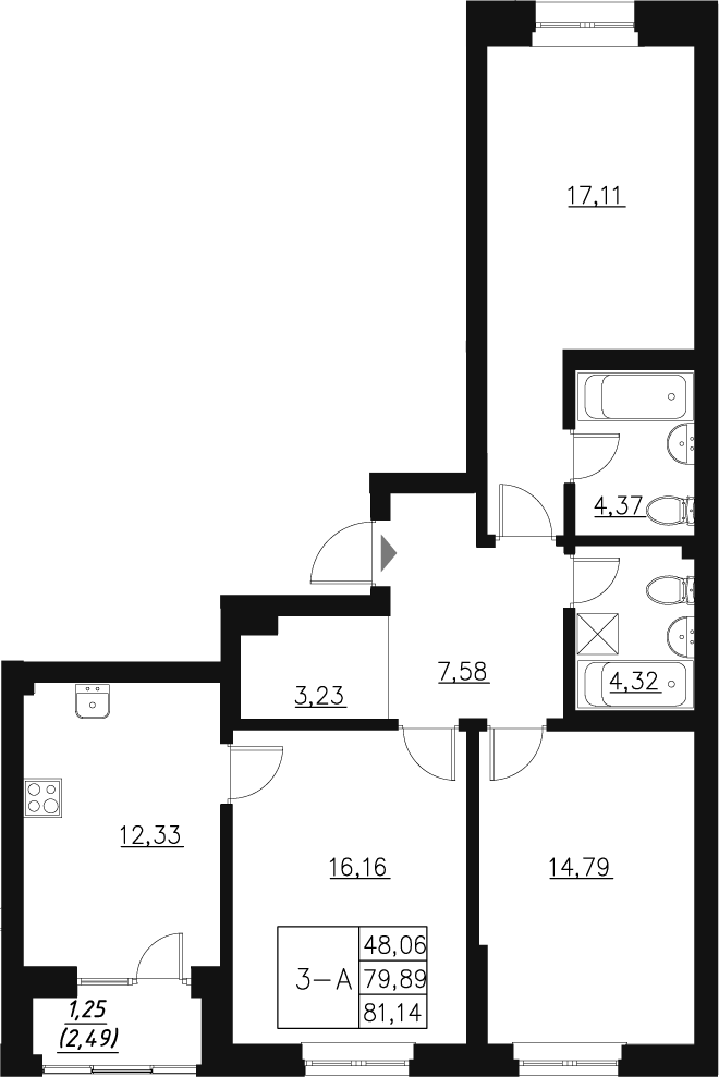 Планировка — Q на Кулагина, 3-комн., 81 м²