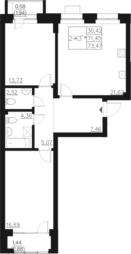 Планировка — Q на Кулагина, 3-комн., 71 м²