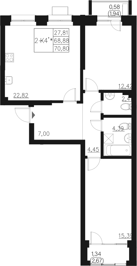 Планировка — Q на Кулагина, 3-комн., 69 м²