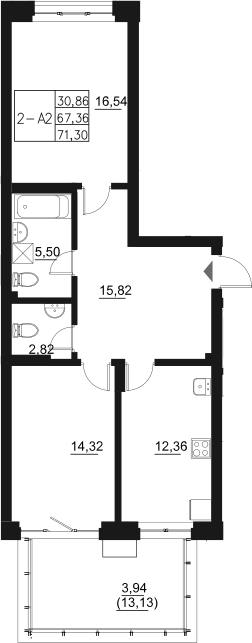 Планировка — Q на Кулагина, 2-комн., 67 м²