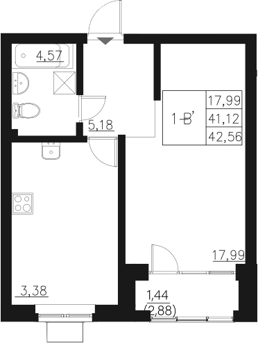 Планировка — Q на Кулагина, 1-комн., 41 м²