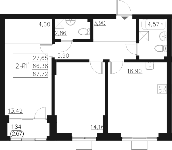 Планировка — Q на Кулагина, 3-комн., 66 м²