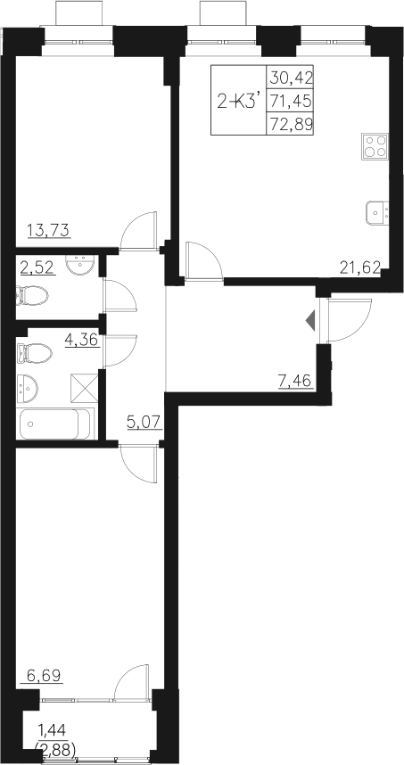 Планировка — Q на Кулагина, 3-комн., 71 м²