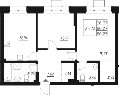 Планировка — Q на Кулагина, 2-комн., 60 м²