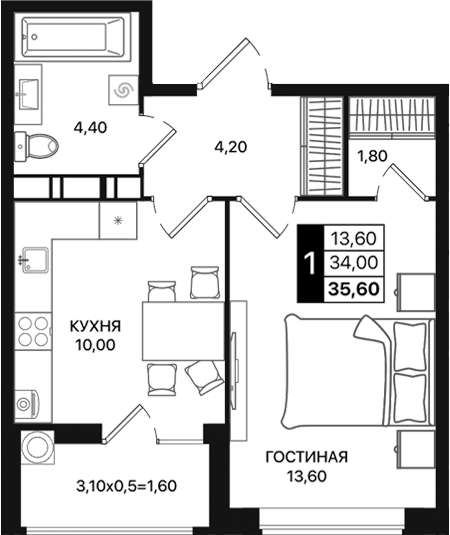 Планировка — Движение 61, 1-комн., 34 м²