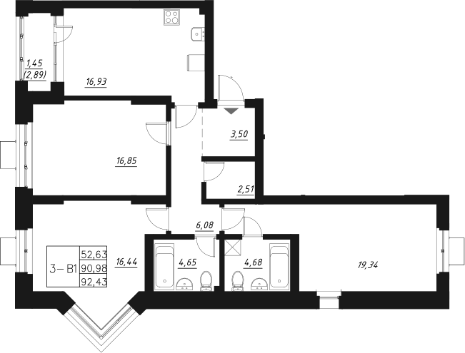 Планировка — Q на Кулагина, 4-комн., 93 м²