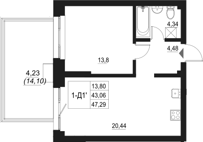 Планировка — Q на Кулагина, 2-комн., 43 м²