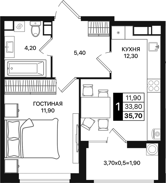 Планировка — Движение 61, 1-комн., 34 м²