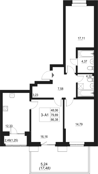Планировка — Q на Кулагина, 3-комн., 81 м²