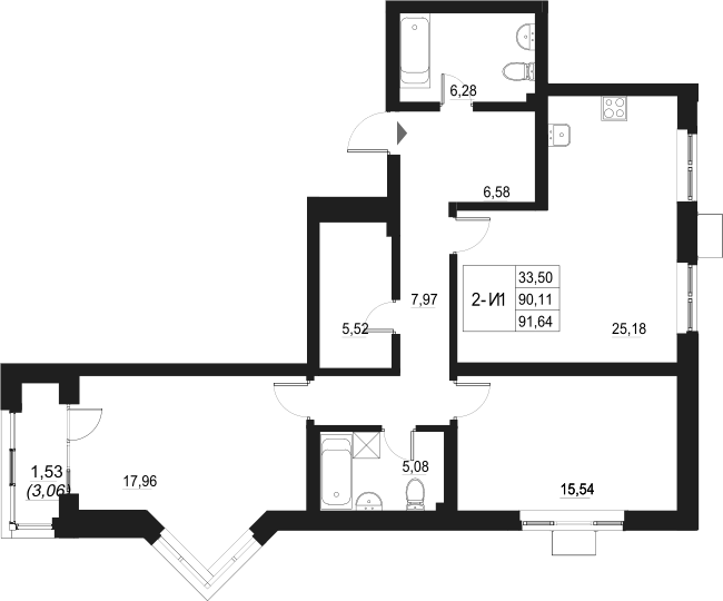 Планировка — Q на Кулагина, 3-комн., 90 м²