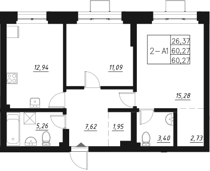 Планировка — Q на Кулагина, 2-комн., 60 м²
