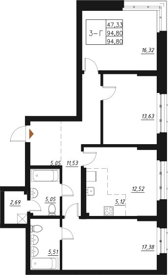 Планировка — Q на Кулагина, 4-комн., 96 м²