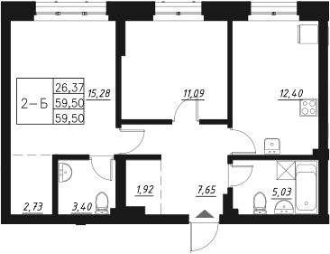 Планировка — Q на Кулагина, 2-комн., 60 м²