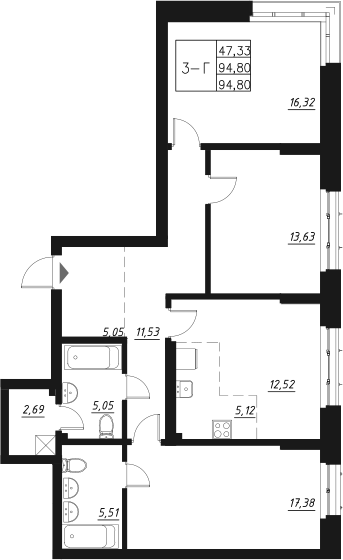 Планировка — Q на Кулагина, 4-комн., 96 м²
