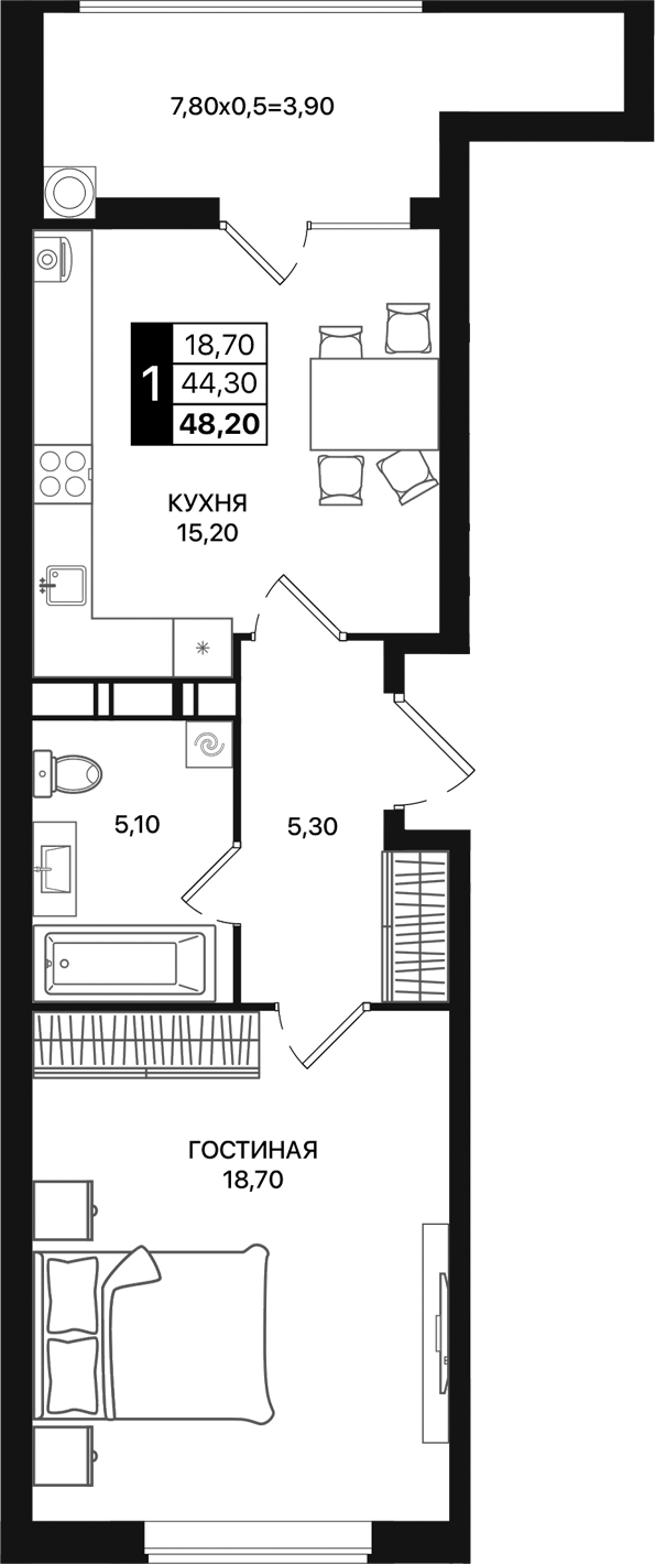 Планировка — Движение 61, 1-комн., 44 м²