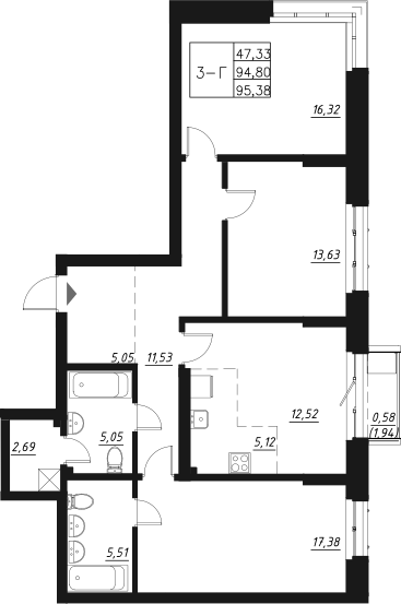 Планировка — Q на Кулагина, 4-комн., 96 м²