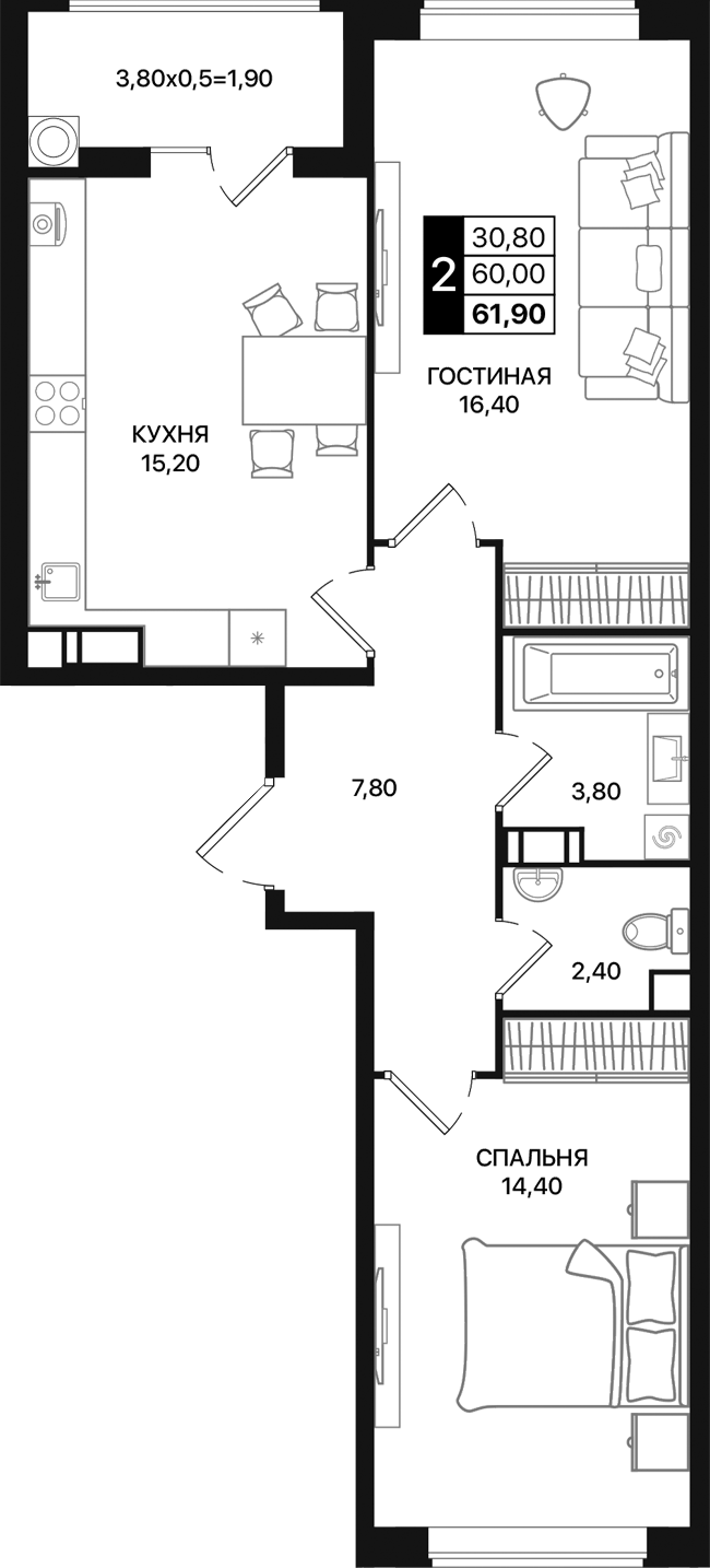 Планировка — Движение 61, 2-комн., 60 м²