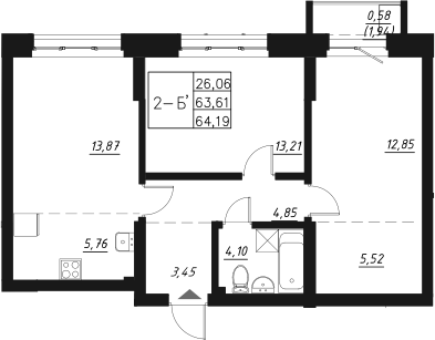 Планировка — Q на Кулагина, 3-комн., 64 м²