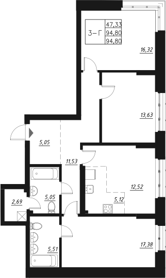 Планировка — Q на Кулагина, 4-комн., 96 м²