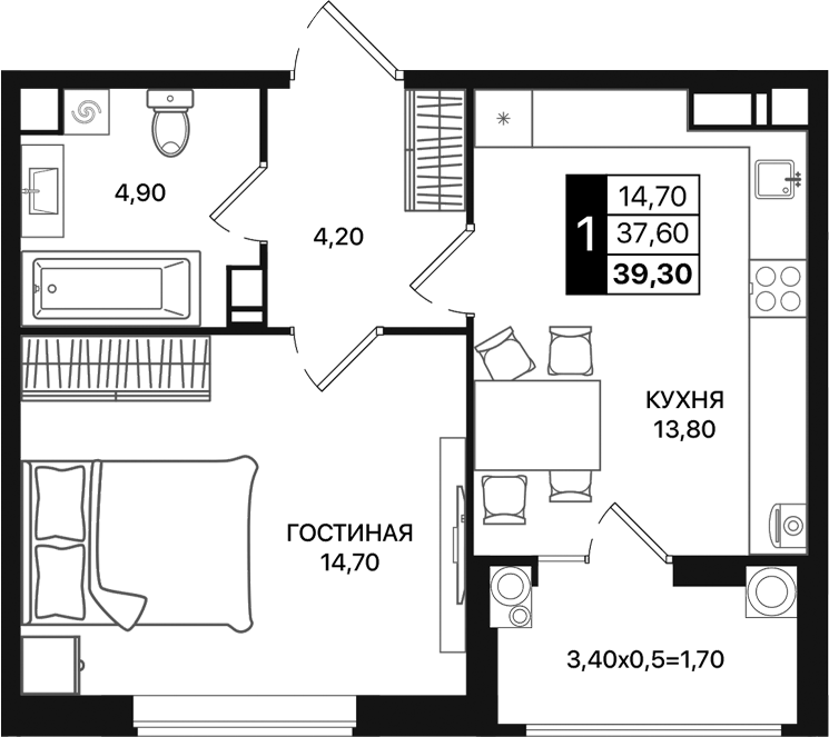 Планировка — Движение 61, 1-комн., 38 м²