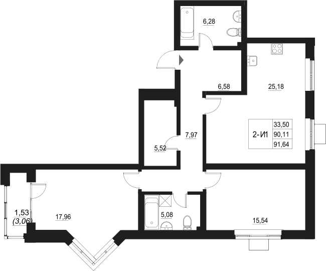 Планировка — Q на Кулагина, 3-комн., 90 м²