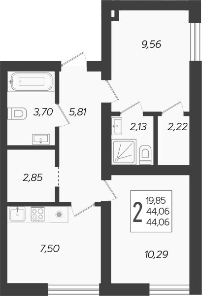 Планировка — Кислород, 2-комн., 44 м²