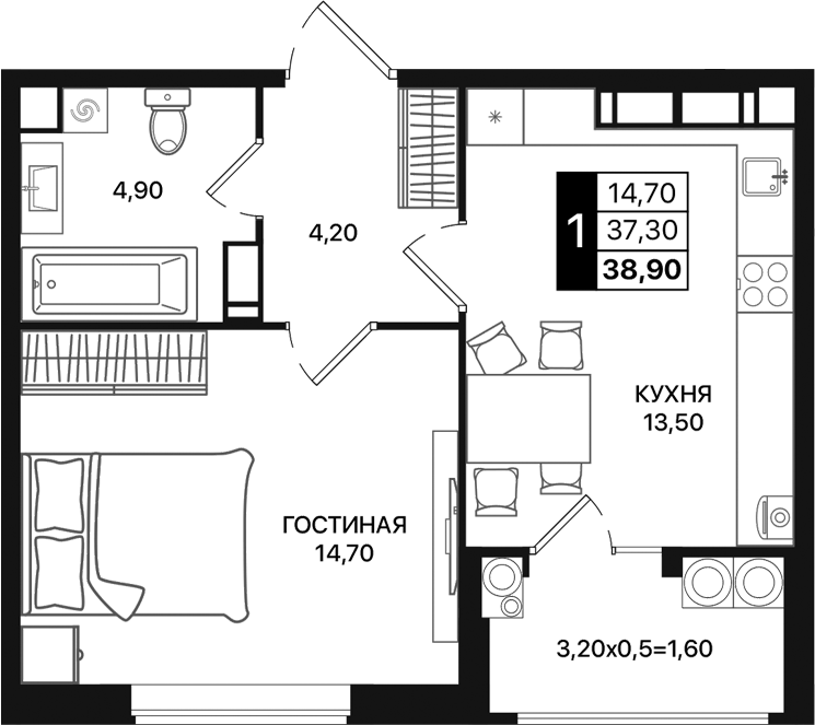 Планировка — Движение 61, 1-комн., 37 м²