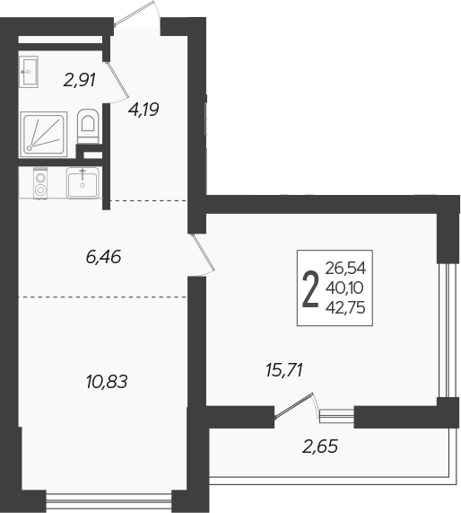 Планировка — Кислород, 2-комн., 40 м²
