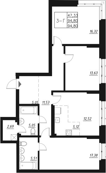 Планировка — Q на Кулагина, 4-комн., 96 м²